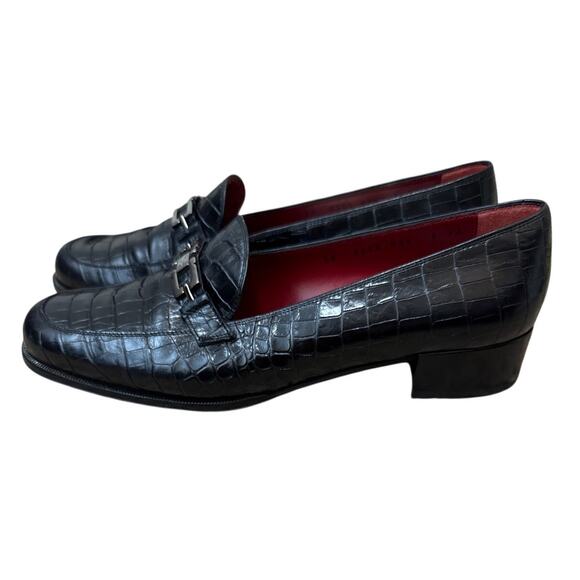 SALVATORE FERRAGAMO Black Croc Leather Silver Buckle Loafer Size 9 AA - Picture 1 of 10
